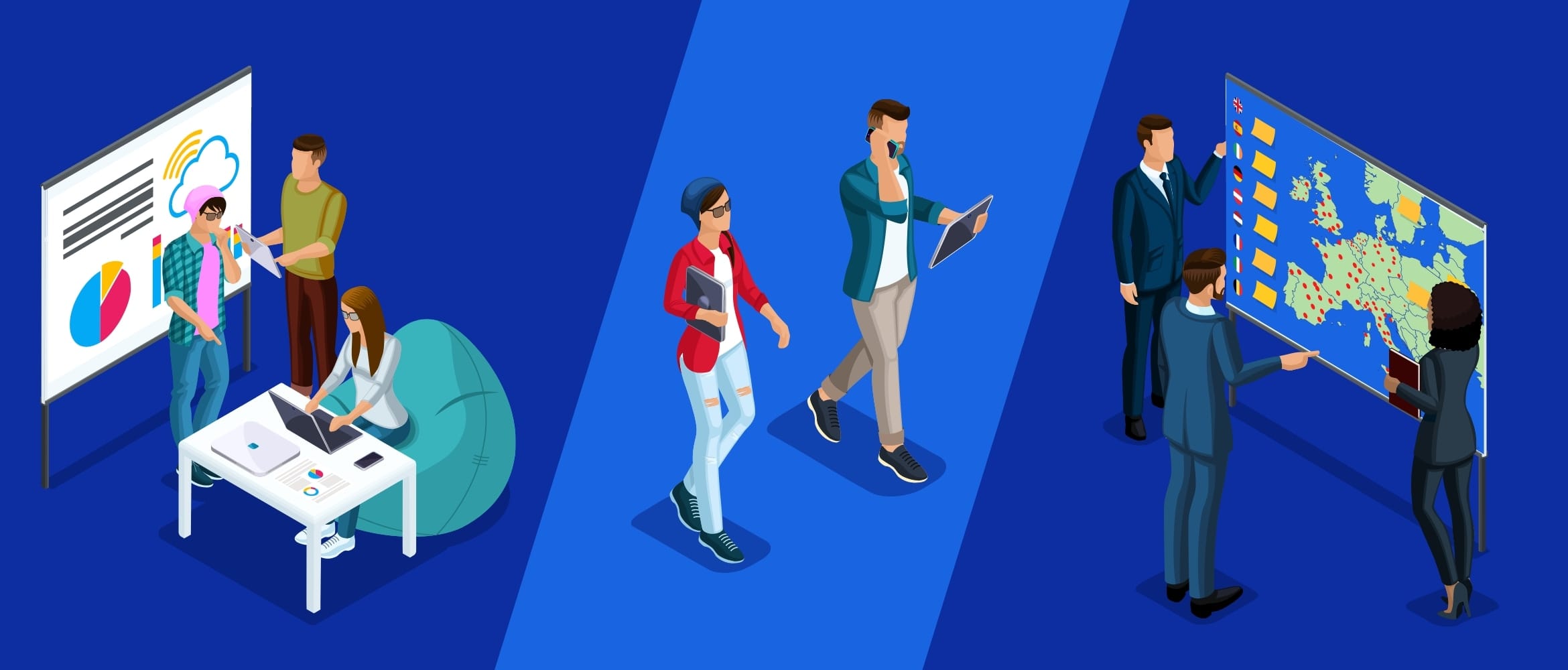 Illustration représentant deux hubs de start-up sur un fond bleu foncé avec deux hommes d'affaires marchant entre eux sur un fond bleu clair
