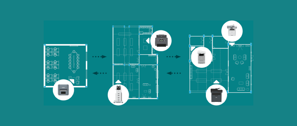 Un schéma montre l'installation de plusieurs imprimantes au sein d'un bureau