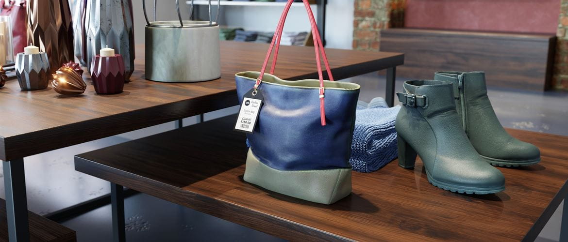 Un sac à main avec une étiquette de prix de vente est exposé dans un magasin de détail à côté d'une paire de chaussures