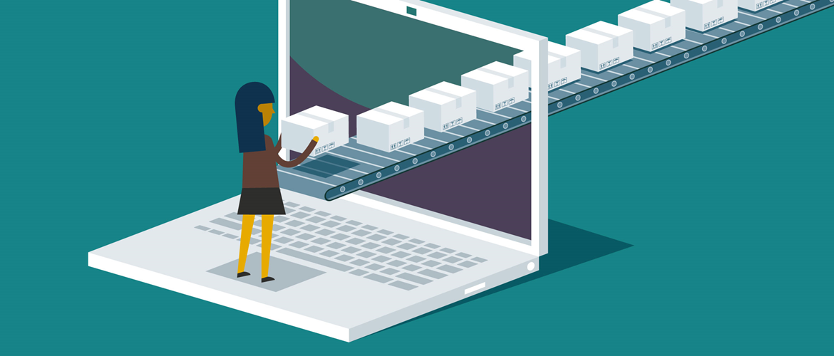 An animated style image inferring digital transformation shows a female member of staff standing on a laptop. Through the screen a conveyer belt from a transport and logistics warehouse is sending parcels for her to receive in her place of business.
