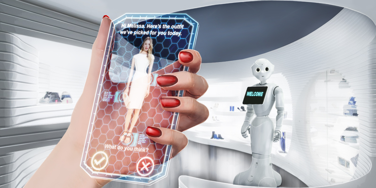 Une femme tient un smartphone transparent dans sa main et l'utilise pour scanner des articles de mode dans une boutique de vêtements high tech. 