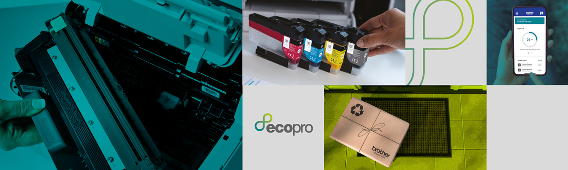 Mosaïque d'images représentant une imprimante Brother, le logo EcoPro et des consommables