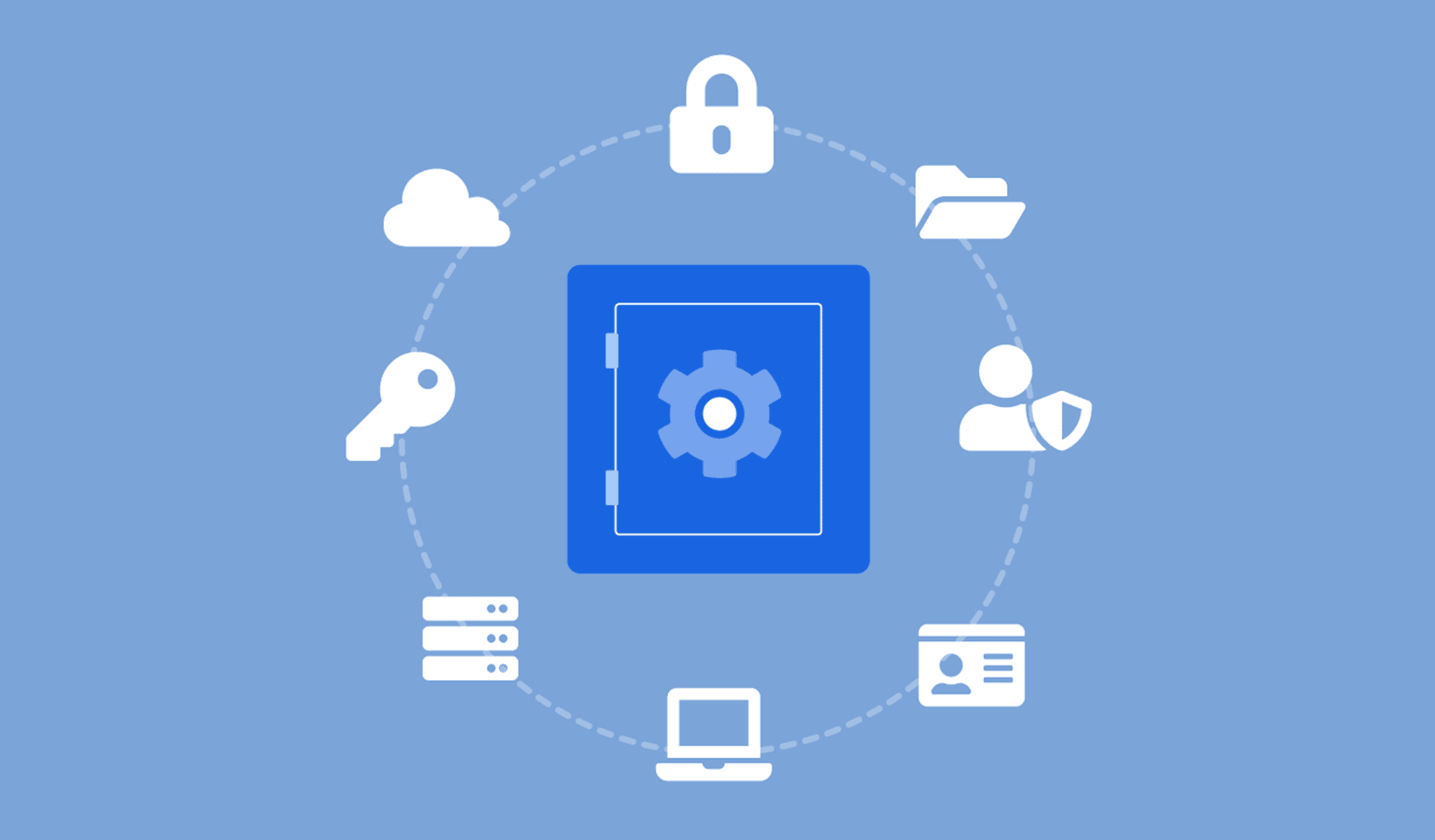 Fond bleu clair avec un coffre-fort bleu foncé au centre entouré d'icônes blanches, cadenas, nuage, clé, serveur, fichiers, ordinateur.