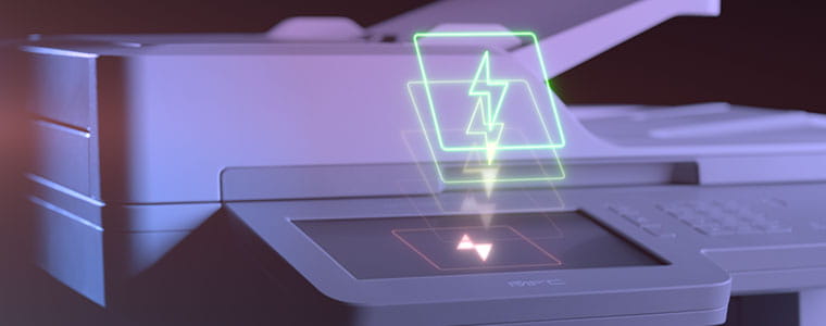 Imprimante couleur multifonction professionnelle Brother MFC-L9570CDW avec icône représentant un flash sur le dessus de l'écran tactile