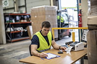 homme en entrepôt avec un ordinateur portable imprimant une étiquette de distribution à partir d'un rouleau continu dans une imprimante d'étiquettes TD4d