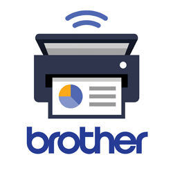 Grey printer icon with connectivity icon above and Brother text below