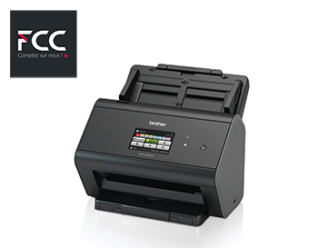 Un scanner ADS-2800W de marque Brother accompagné du logo du cabinet d'expertise comptable FCC