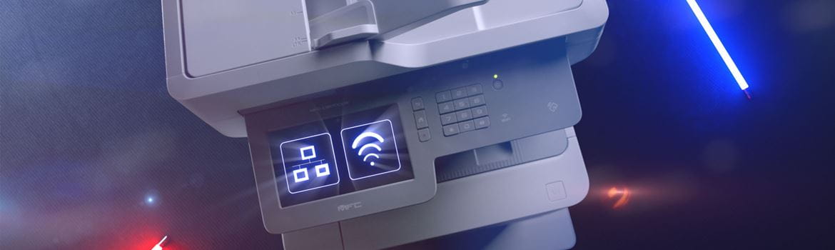 Brother MFC-L9570CDW business colour laser printer with network and WiFi icon on touchscreen