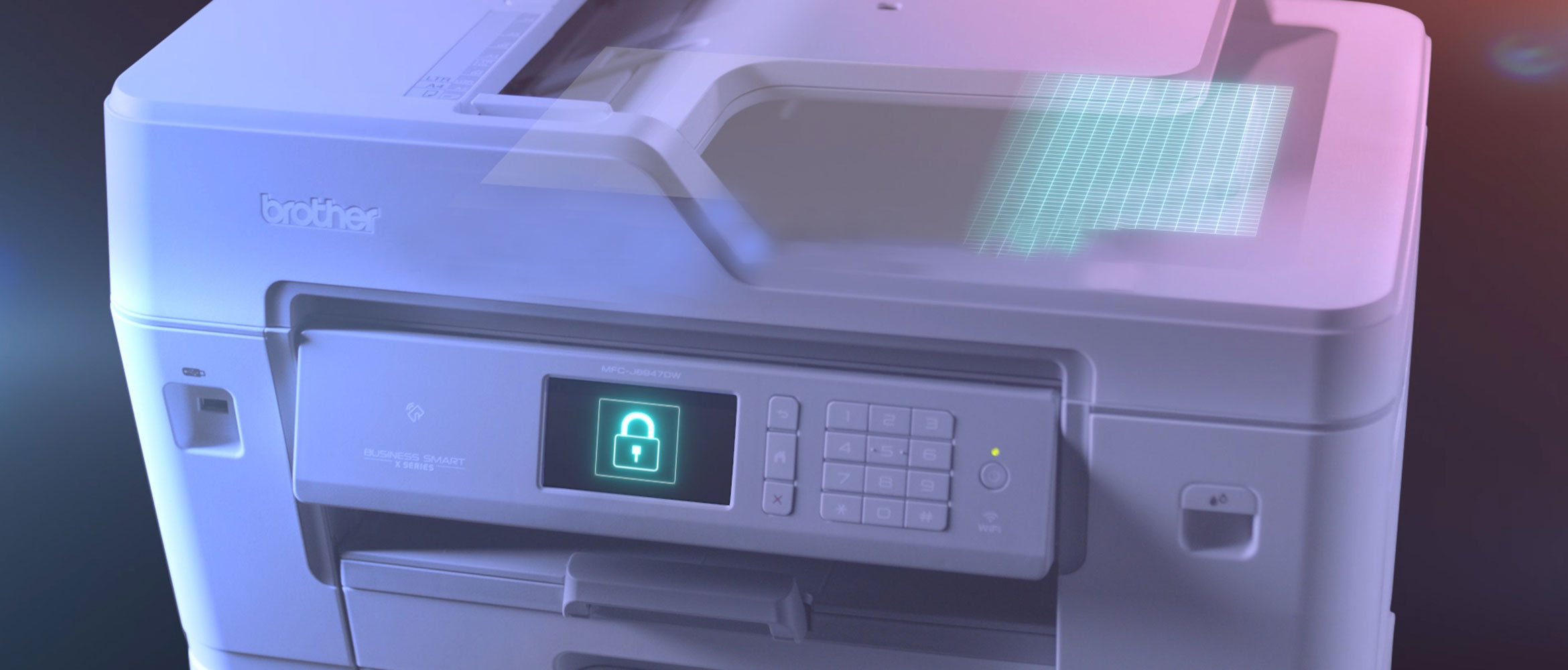 Brother MFC-J6947DW Professional A3 and A4 inkjet printer with security padlock on touchscreen