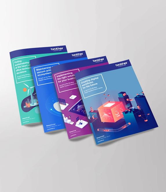 Four digital transformation whitepaper insight reports from Brother on display overlapping each other 