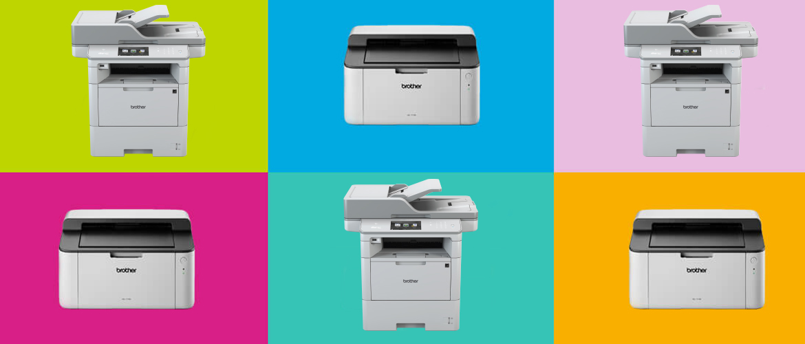 stampante e multifunzione Brother su sfondo a colori
