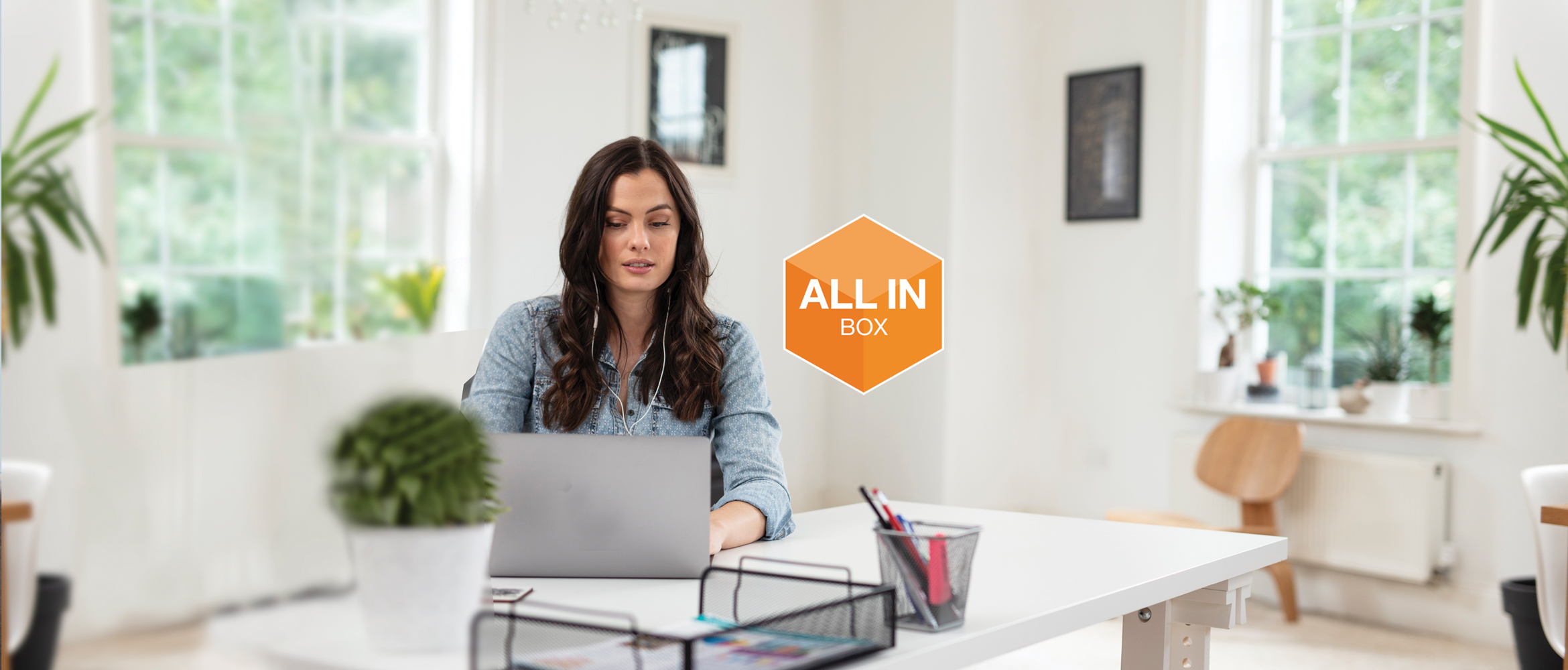 Donna lavora da casa con logo All-in-Box