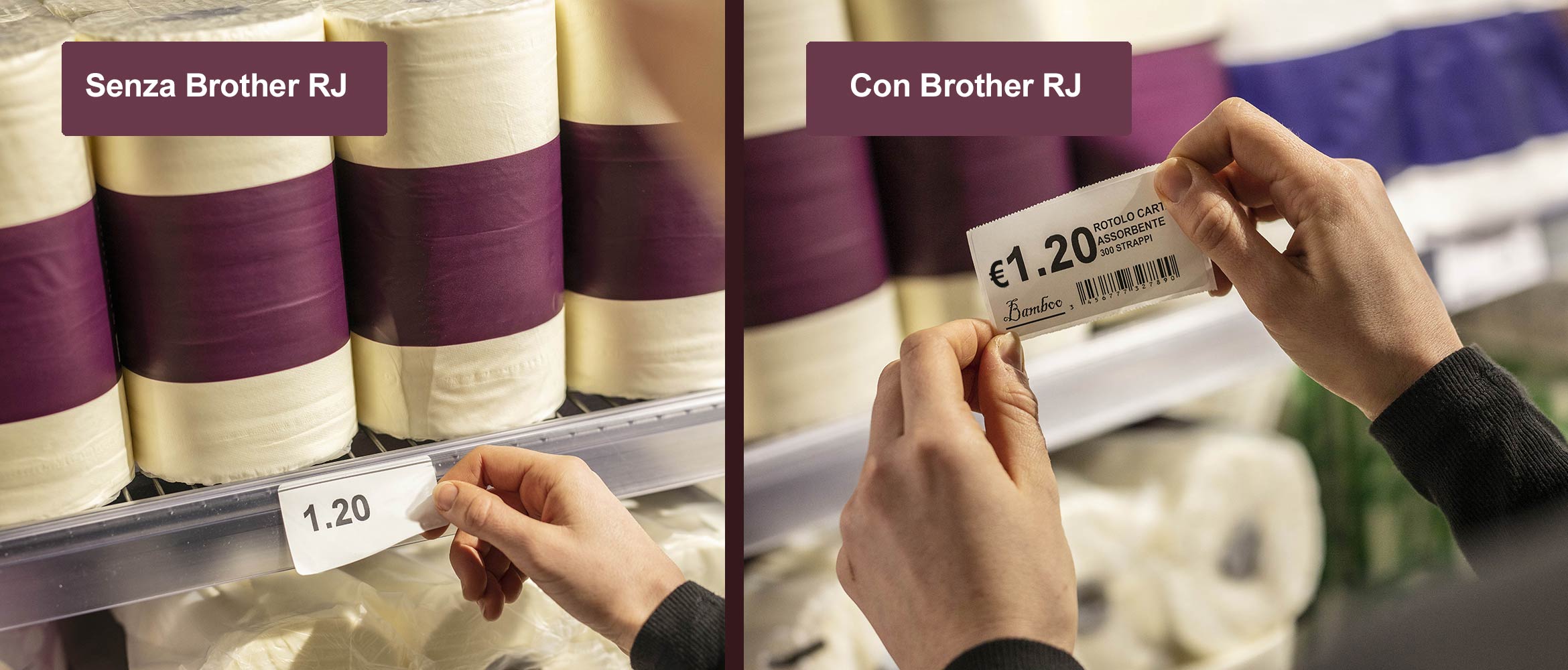 etichetta con logo, prezzo e prodotto stampata con Brother RJ