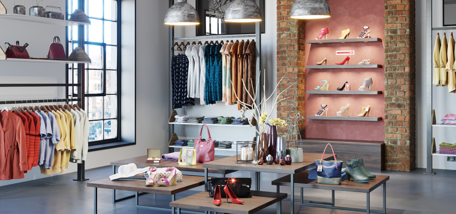 negozio di abbigliamento con scarpe, vestiti e giacche da donna in esposizione