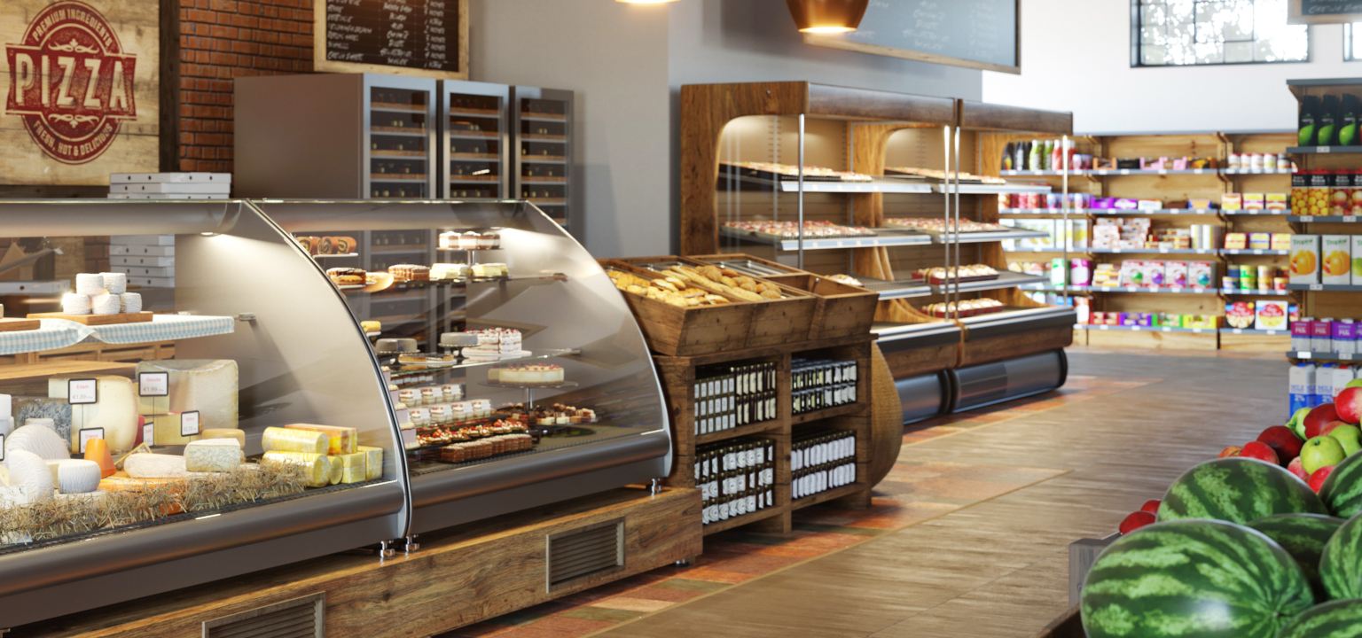 negozio di alimentari con prodotti in vista al banco alimentari 
