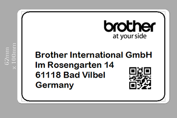 Completed label in P-touch Editor label design software showing address, company logo, frame and barcode