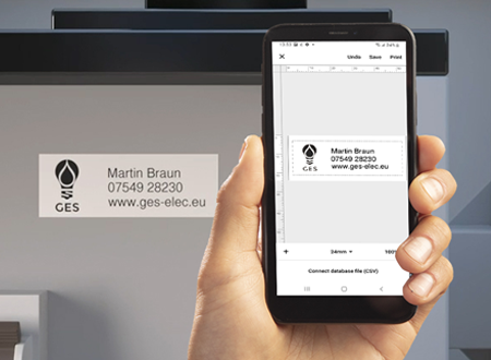 App Pro Label Tool ed etichetta con dettagli di contatto