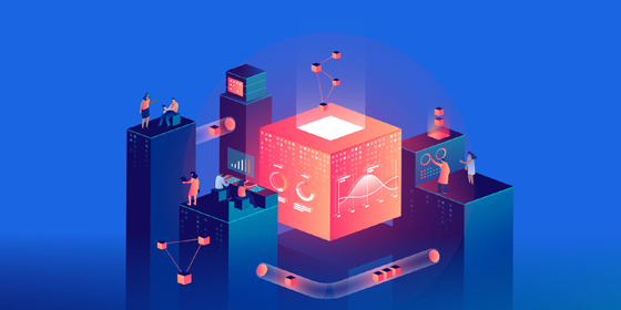 Illustrazione con cubo rosso con persone che lavorano e workflow