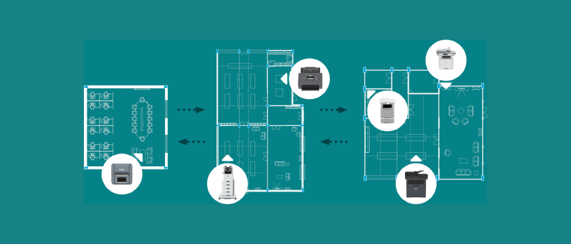 Top down diagram of six Brother devices including office document printers, a scanner and label printer situated over floor plans of three office spaces on a teal background