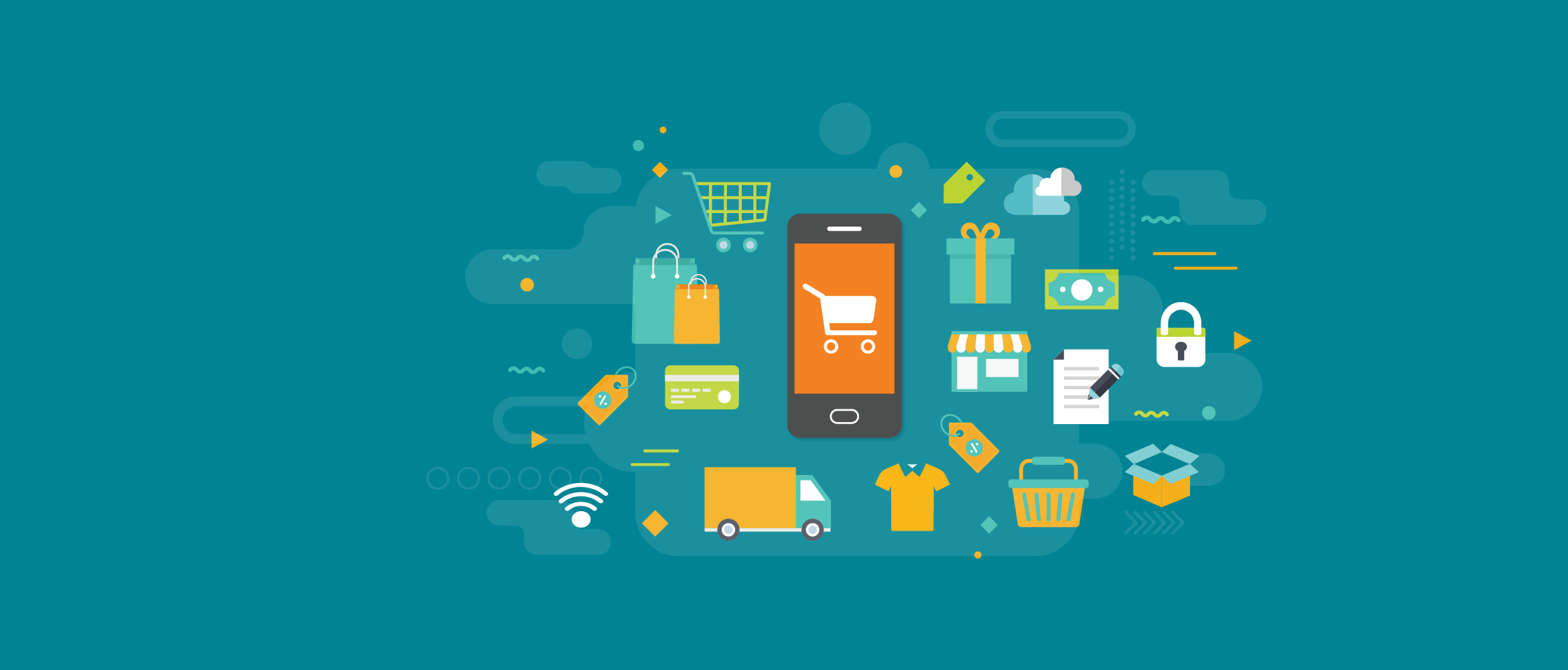  Teal background with icons, moble phone with shopping trolley icon