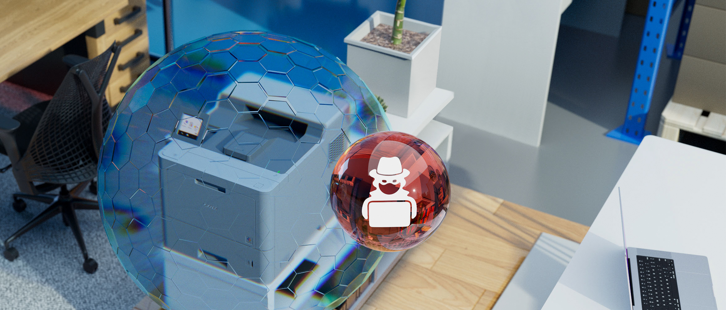 Printer in an office surrounded by a force field with one round red security icon 
