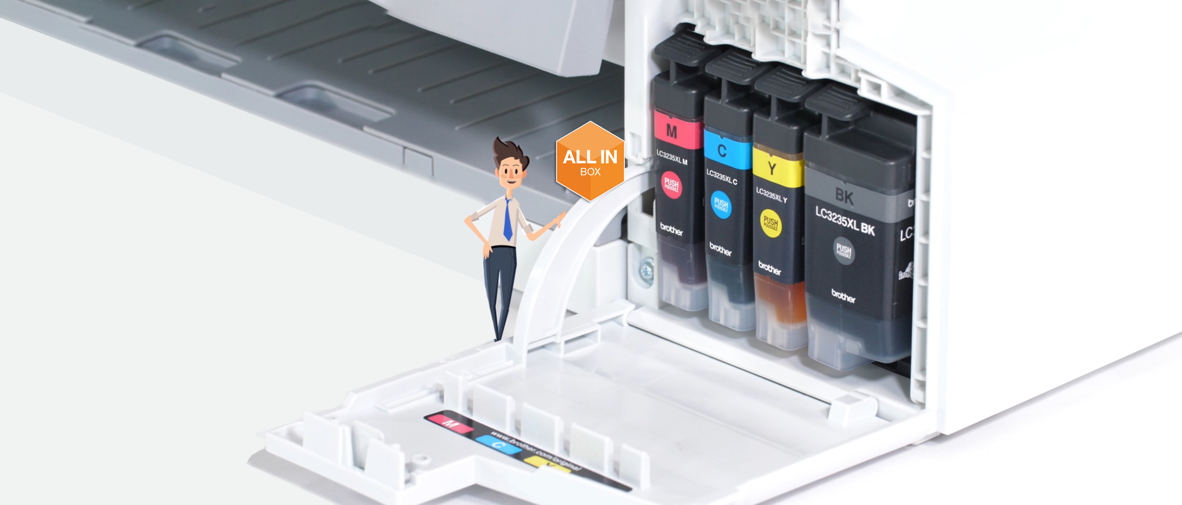 All in Box character standing with MFC-J1300DW