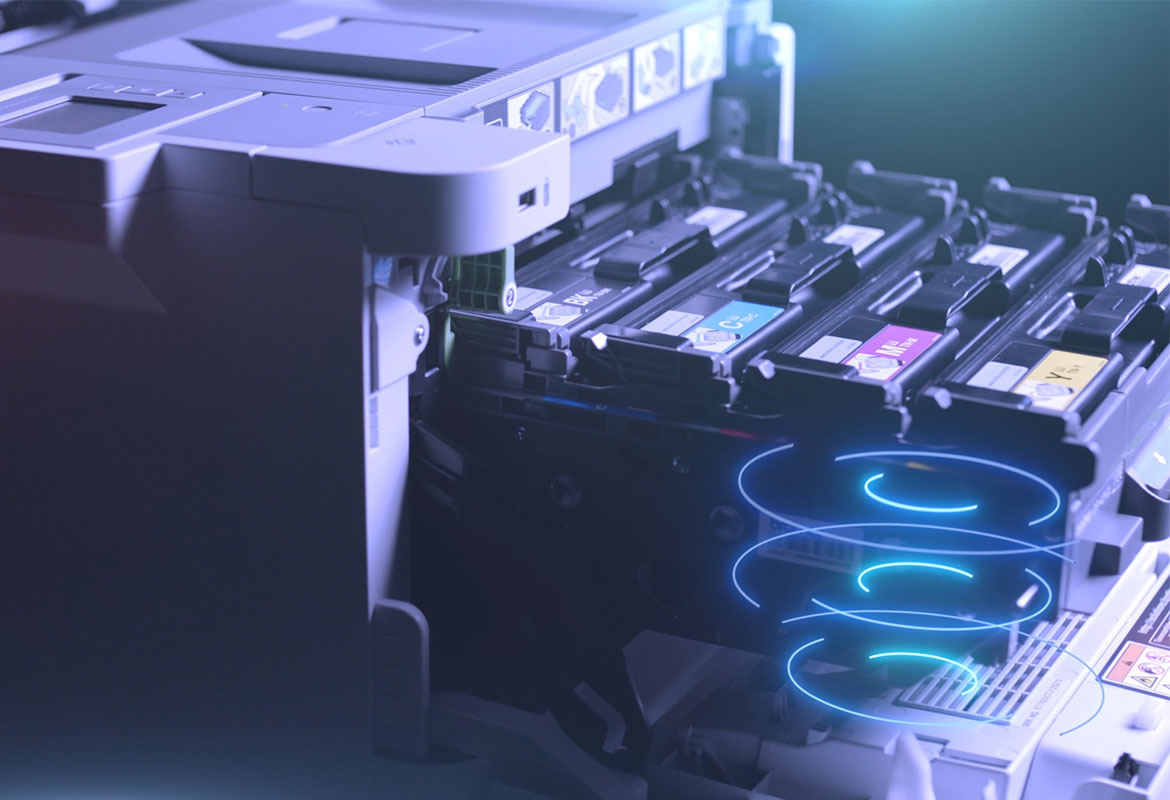 HL-L9310CDW business colour A4 printer with toner cartridges pulled out of the printer
