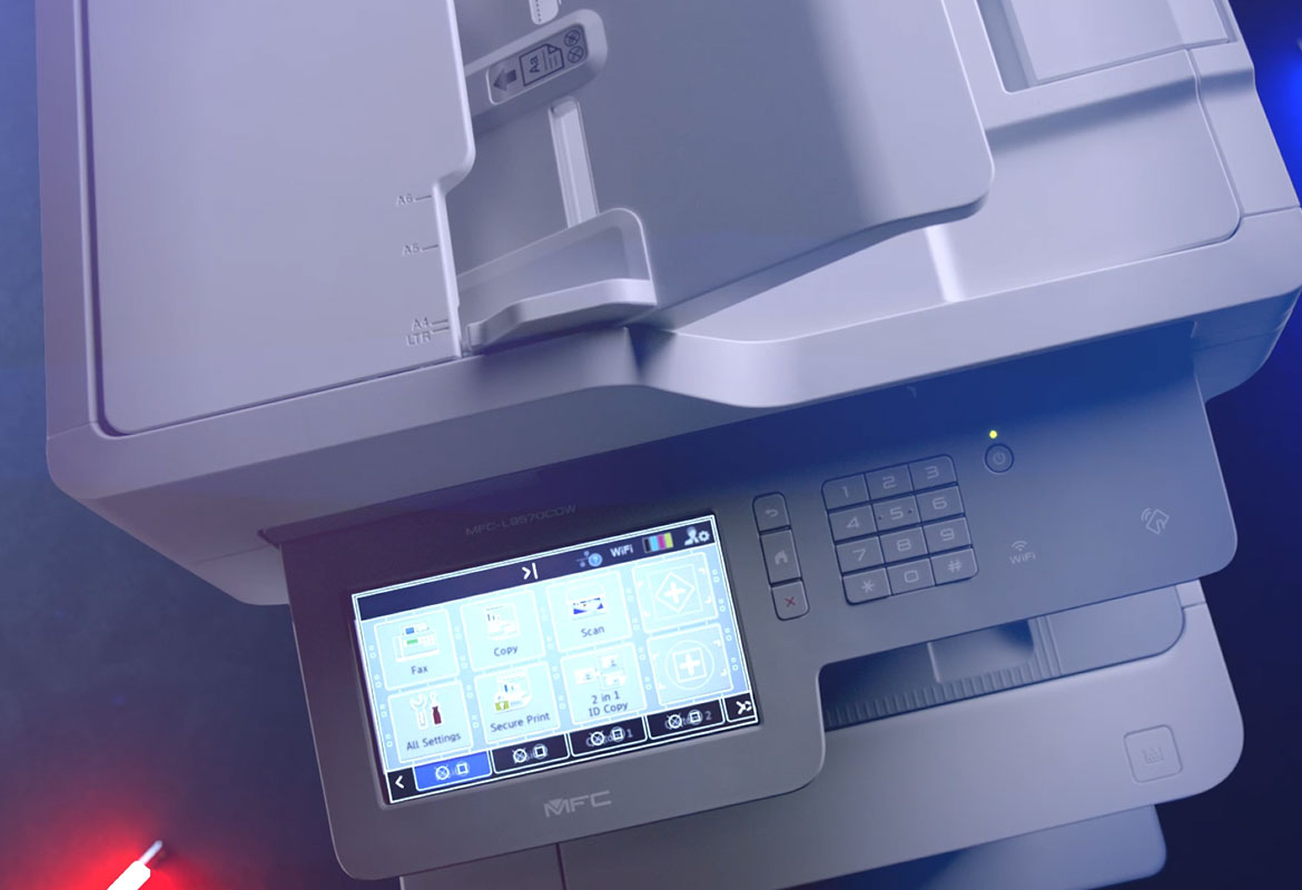 Brother MFC-L9570CDW professional colour A4 laser multifunction printer with icons on touchsceen