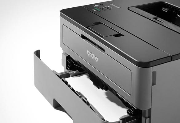 Close up of HL-L2350DW mono laser printer with paper tray open