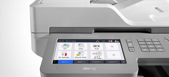 Close up of touchscreen on grey multifunction printer