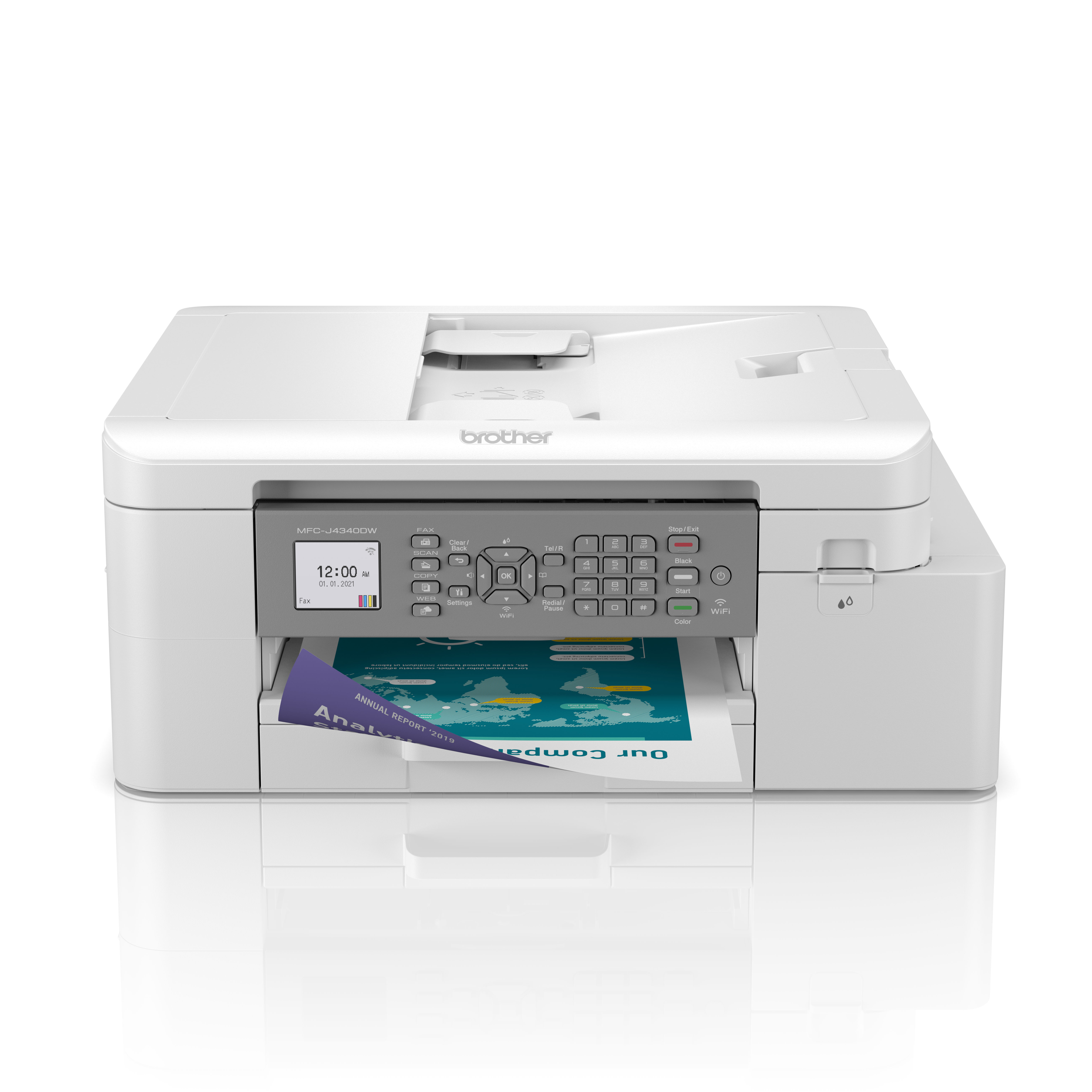 Front detail view of the MFC-J4340DW with full colour output on tray. Plain white background.