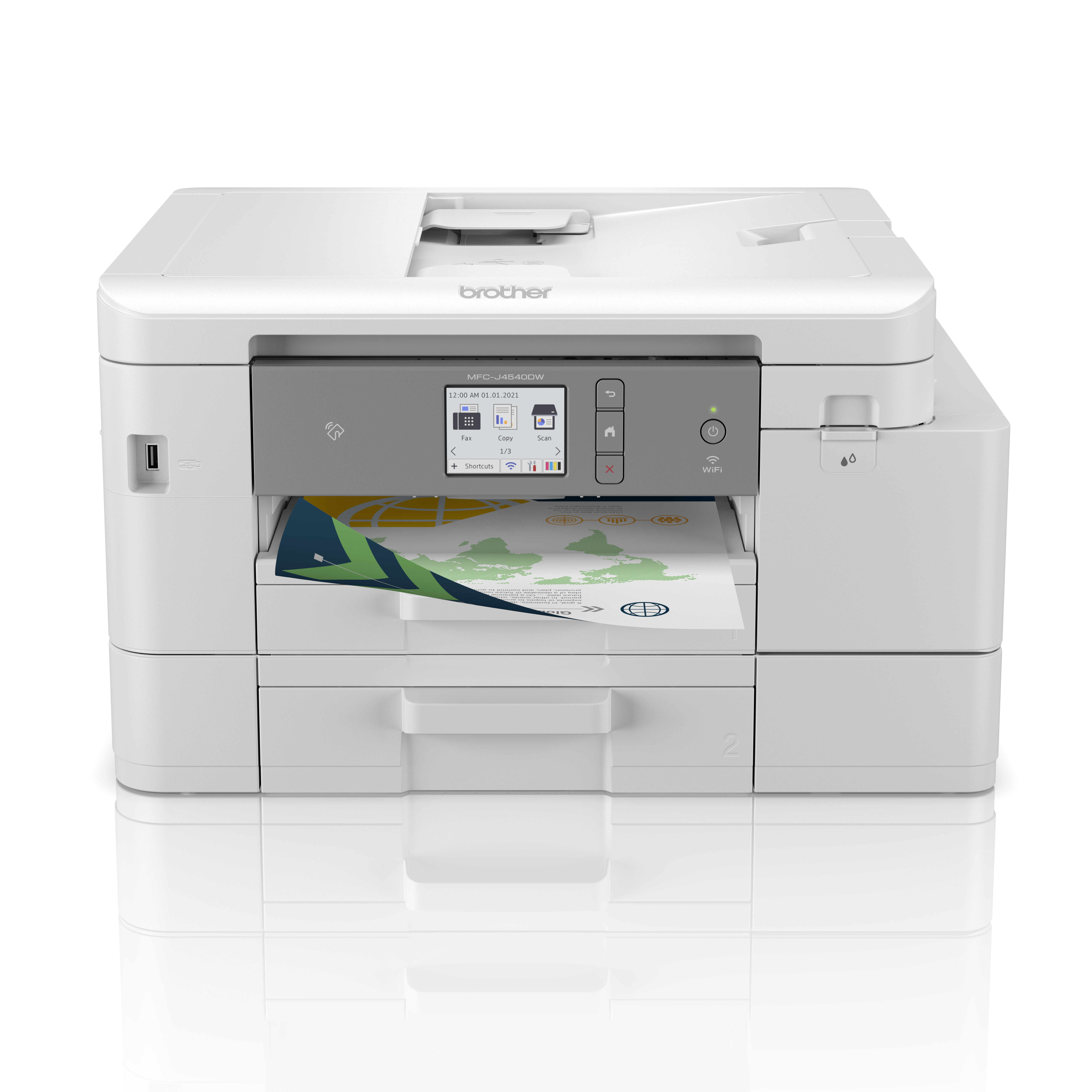 Front detail view of the MFC-J4540DW with full colour output on tray. Plain white background.