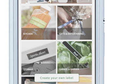 P-touch Design&Print app zoomed in on smartphone, showing various categories