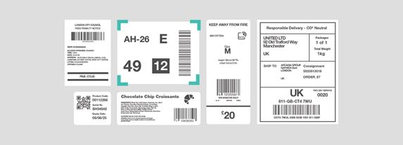 Selection of illustrated barcode labels on a grey background