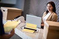 Female with brown hair at reception with laptop using Brother DSmobile DS740D portable document scanner with boxes, delivery person, clip board