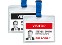 Black and red visitor badges printed on a Brother QL-820NWBVM badge printer