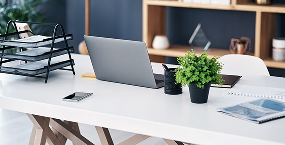 image of a desk with laptop, desk organiser and plant