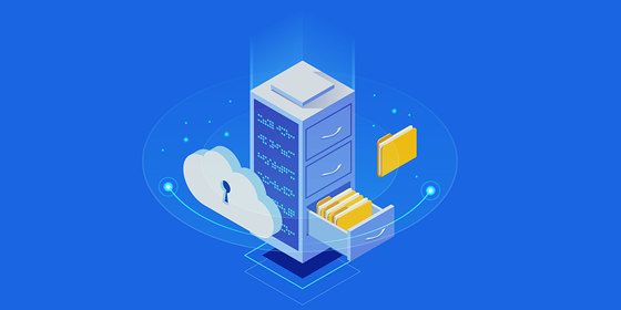Illustation of filing cabinet, files, draw open, cloud