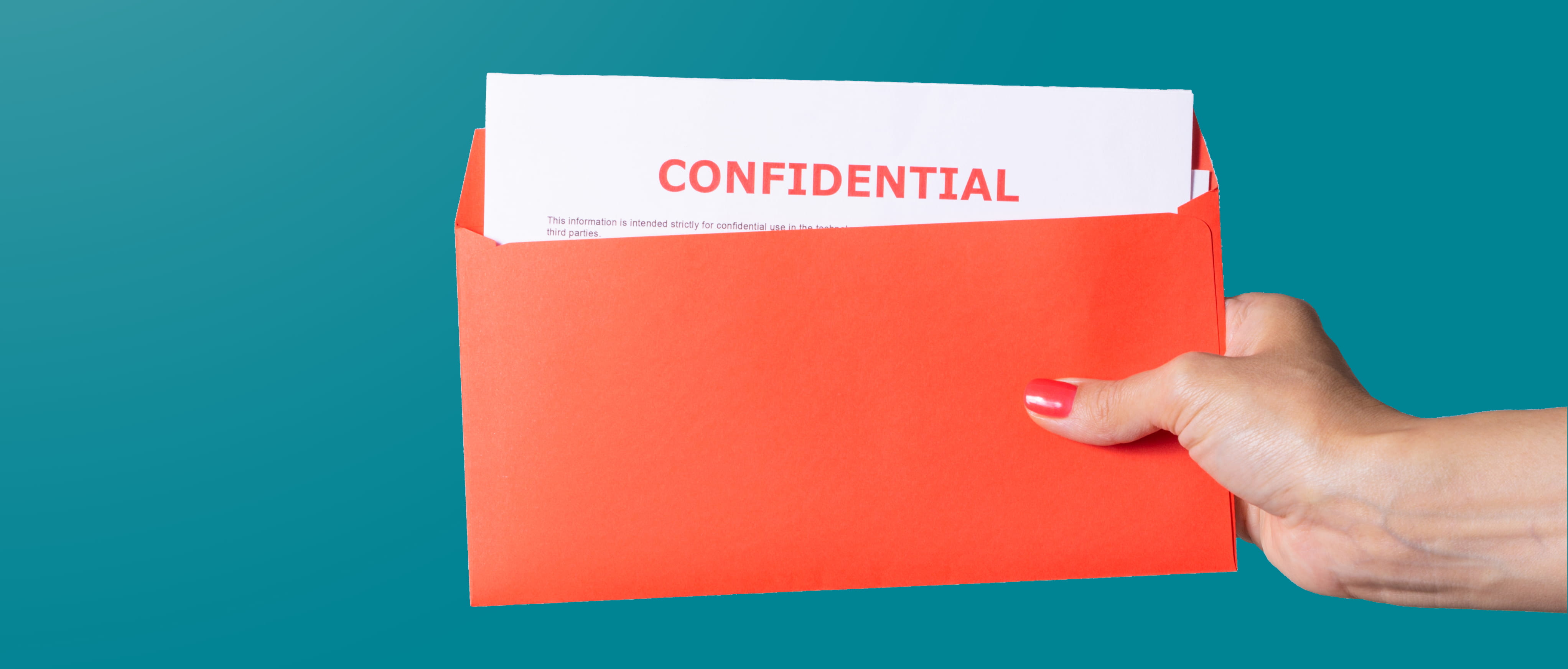 a hand from outside of the frame holding a coral coloured envelop with white documents inside with the words confidential in red written at the top, all against a solid teal background