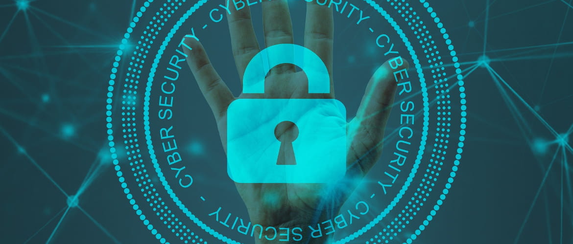 An image with a graphic padlock overlaying a human hand on a teal coloured background with connected dots.