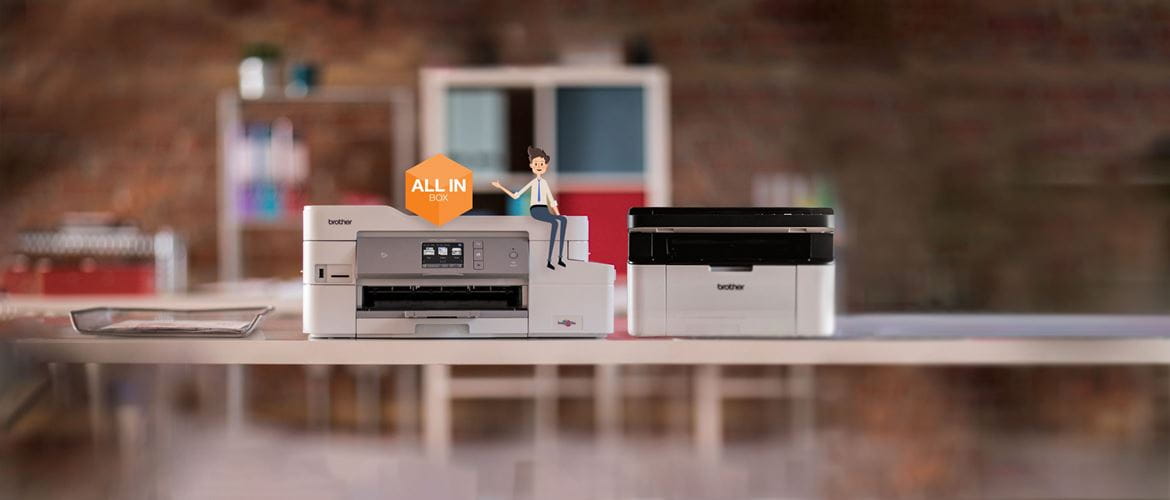 All-in-box character next to MFC-J1300DW & DCP-1610W Brother printers