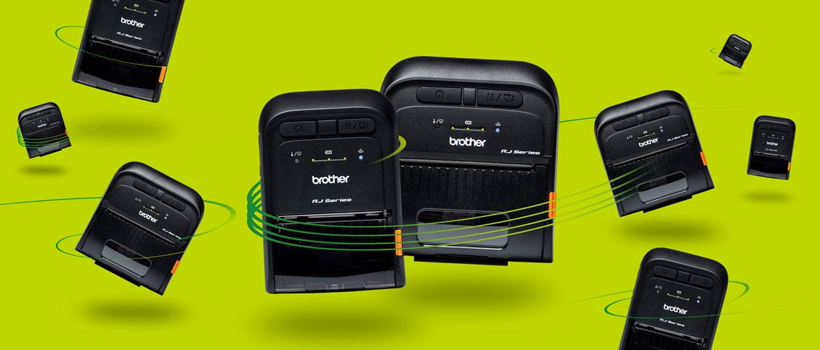 RJ-2 and RJ-3 mobile printers on lime green background