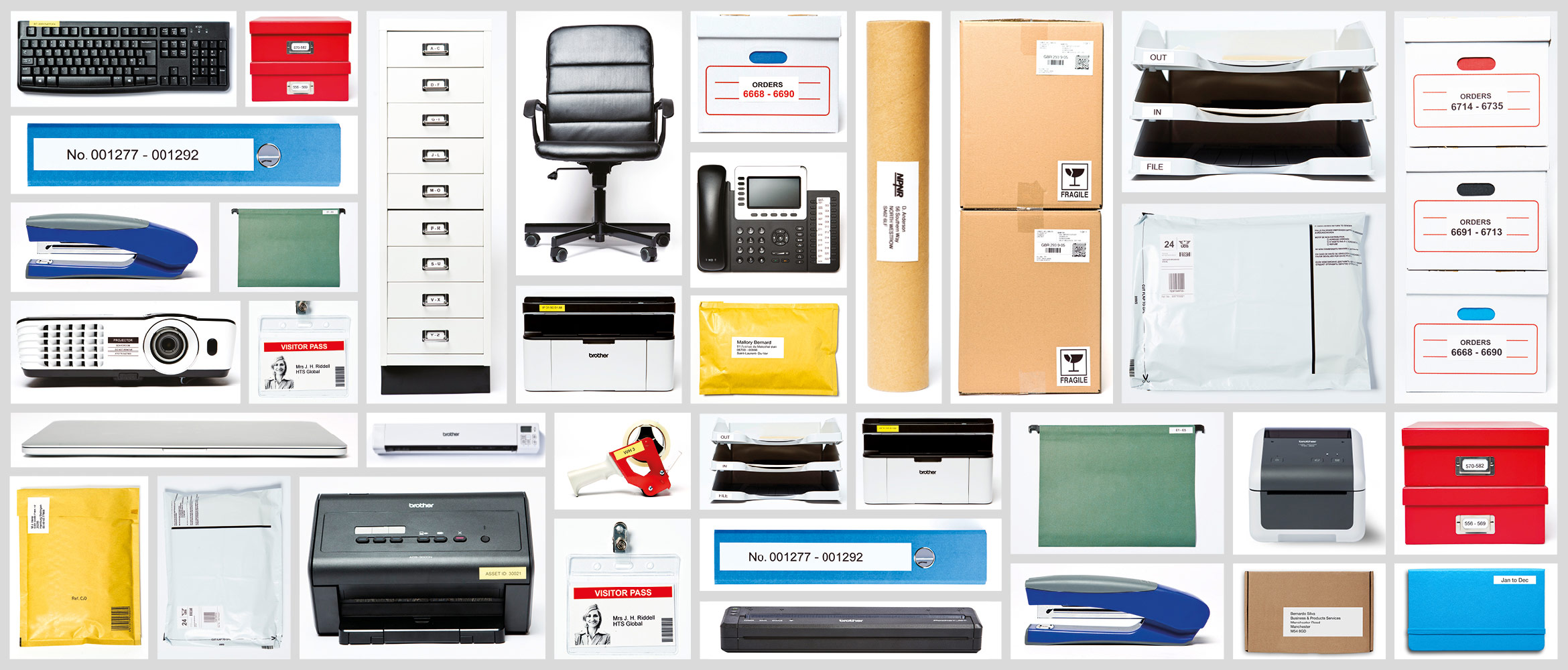 Office items and equipment labelled with a Brother QL label printer