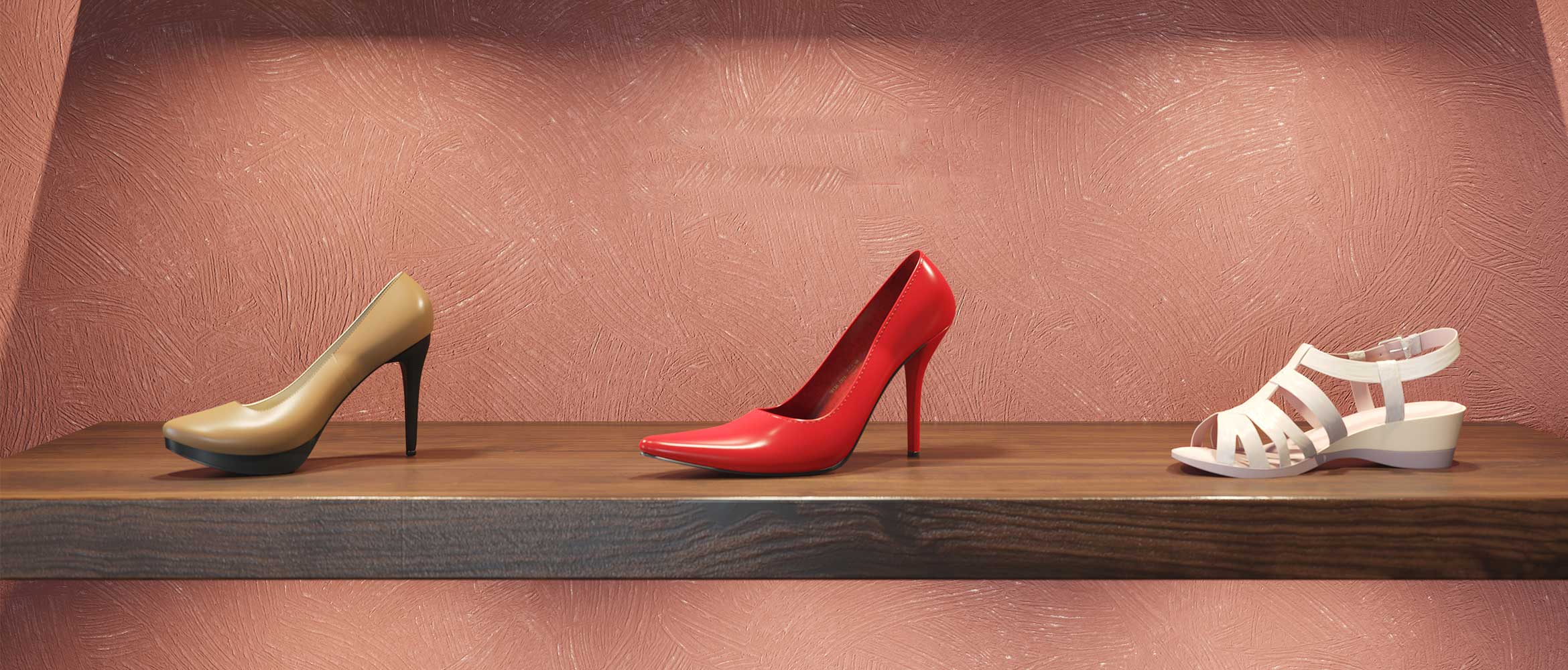 Brown stilletoes red stilletoes white sandle on a shelf display