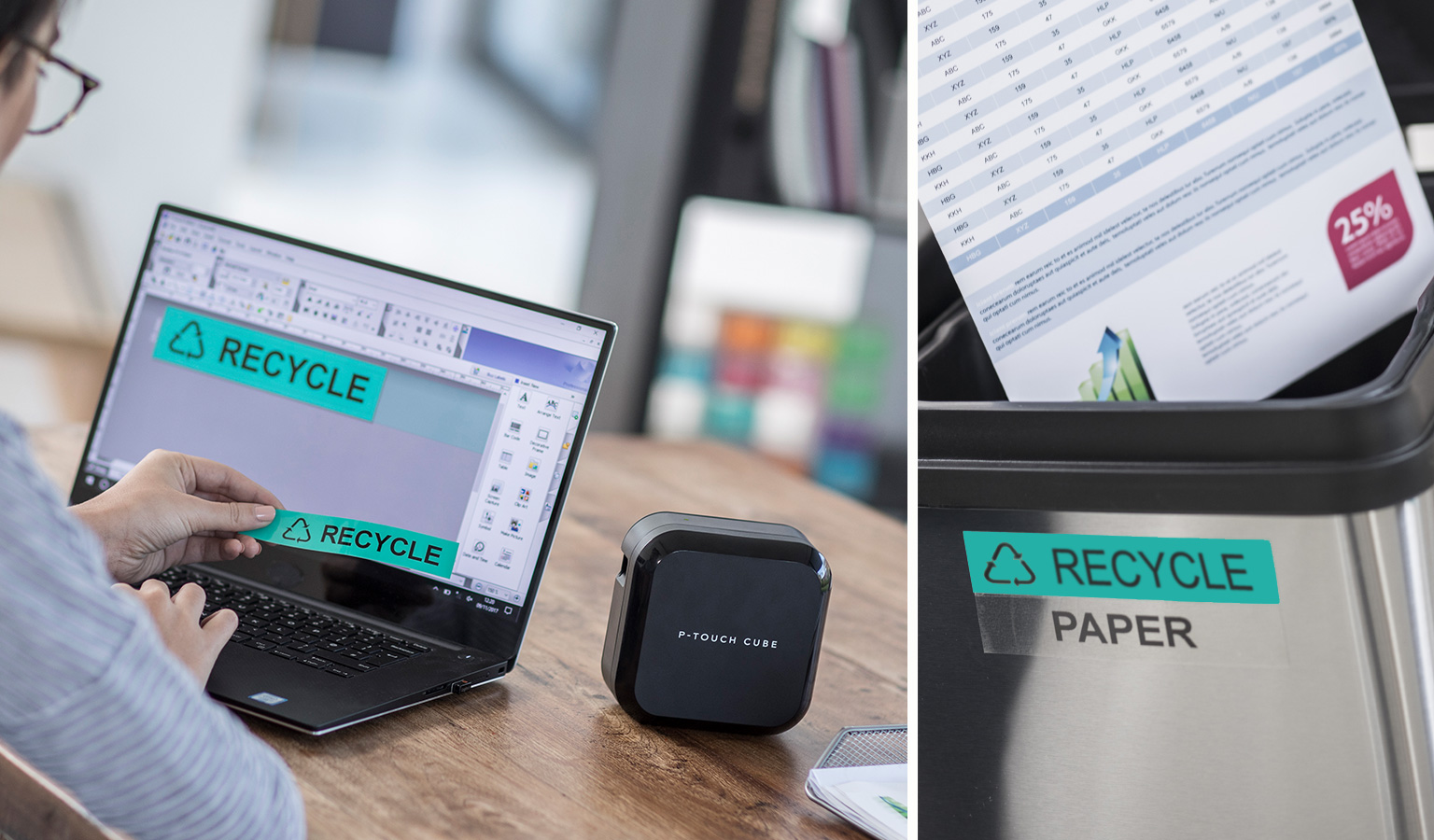 Labels on a PC and a trash can