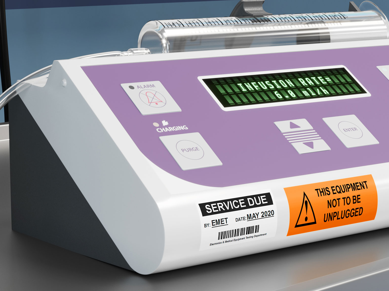 Service information on Brother P-touch TZe laminated label attached to syringe driver in a hospital