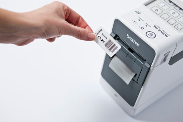 Price label containing barcode after printing on a Brother TD 2000 series label printer 