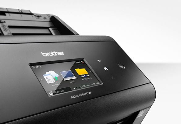 Close up of Brother ADS-3600W desktop document scanner touchscreen