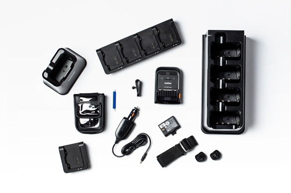 RJ-2 light mobile printer with range of accessories on white background