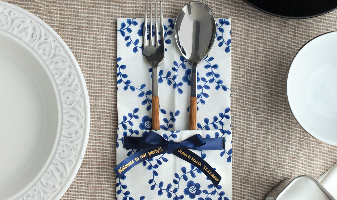 Brother satin ribbon  with personalised message on a napkin with cutlery 